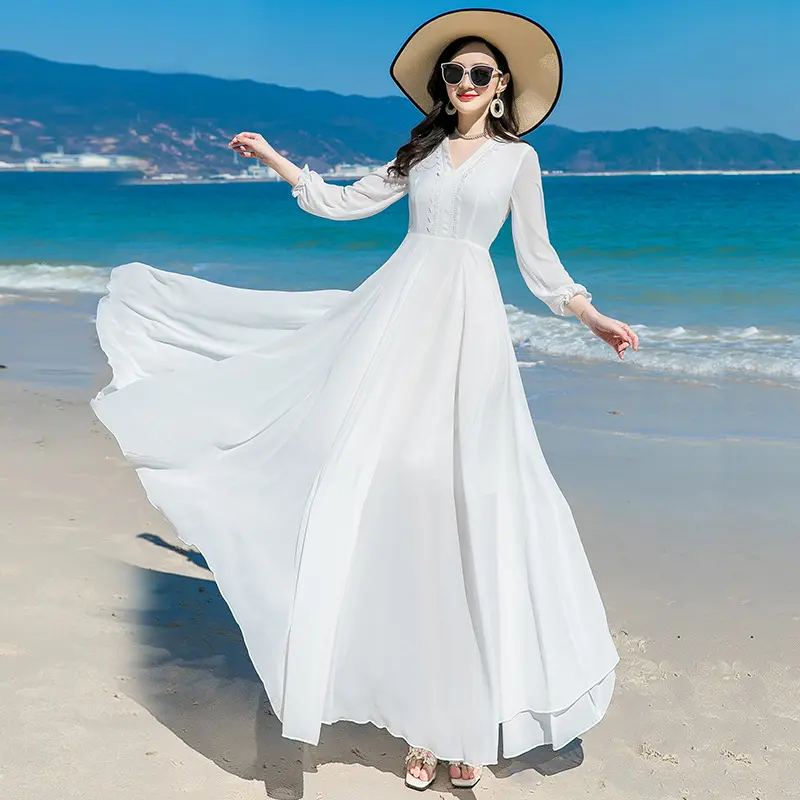 Seaside Vacation Long-Sleeve Flared Waist-Defined Elegant Dress
