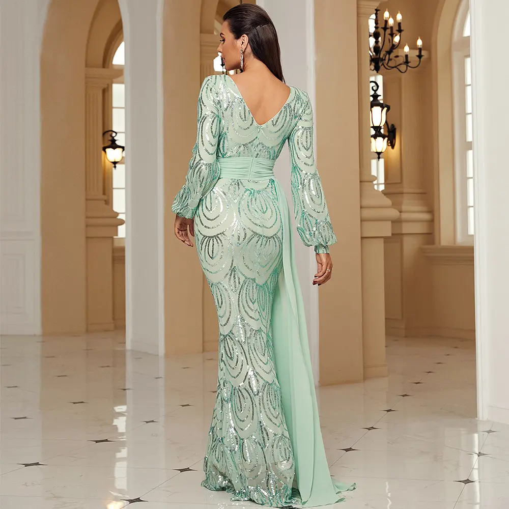Long Sleeve Sexy Sequined V-neck Banquet Ribbon