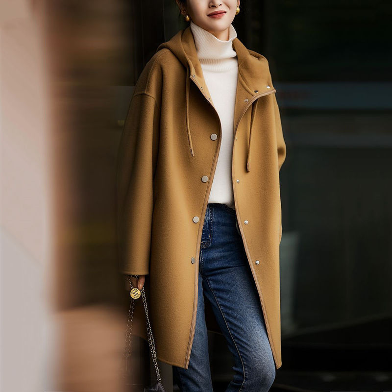 Versatile Hooded Patchwork Long-sleeve Wool Coat