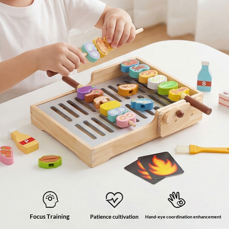 Wooden Multifunctional Kitchen Barbecue Grill Educational Toy For Toddlers