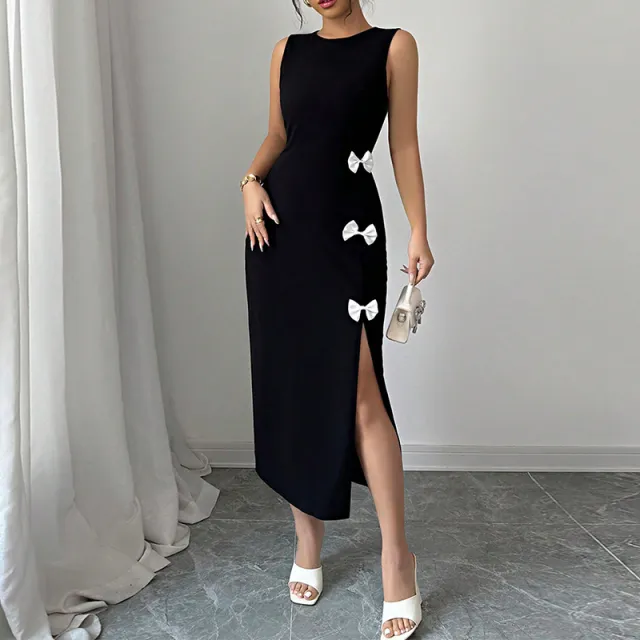 Temperament Slim Dress Bow Tank Top Black - Shop at LoveMi