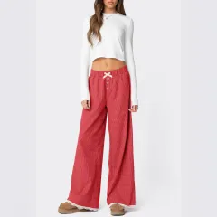 Women's Pastoral Style Plaid Printed Straight Elastic Casual Pants - Red - View 1