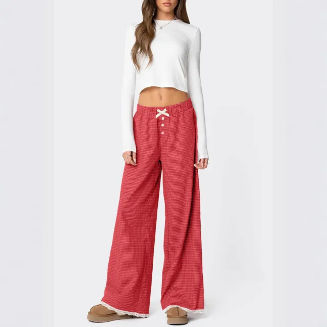 Women's Pastoral Style Plaid Printed Straight Elastic Casual Pants Red - Shop at LoveMi