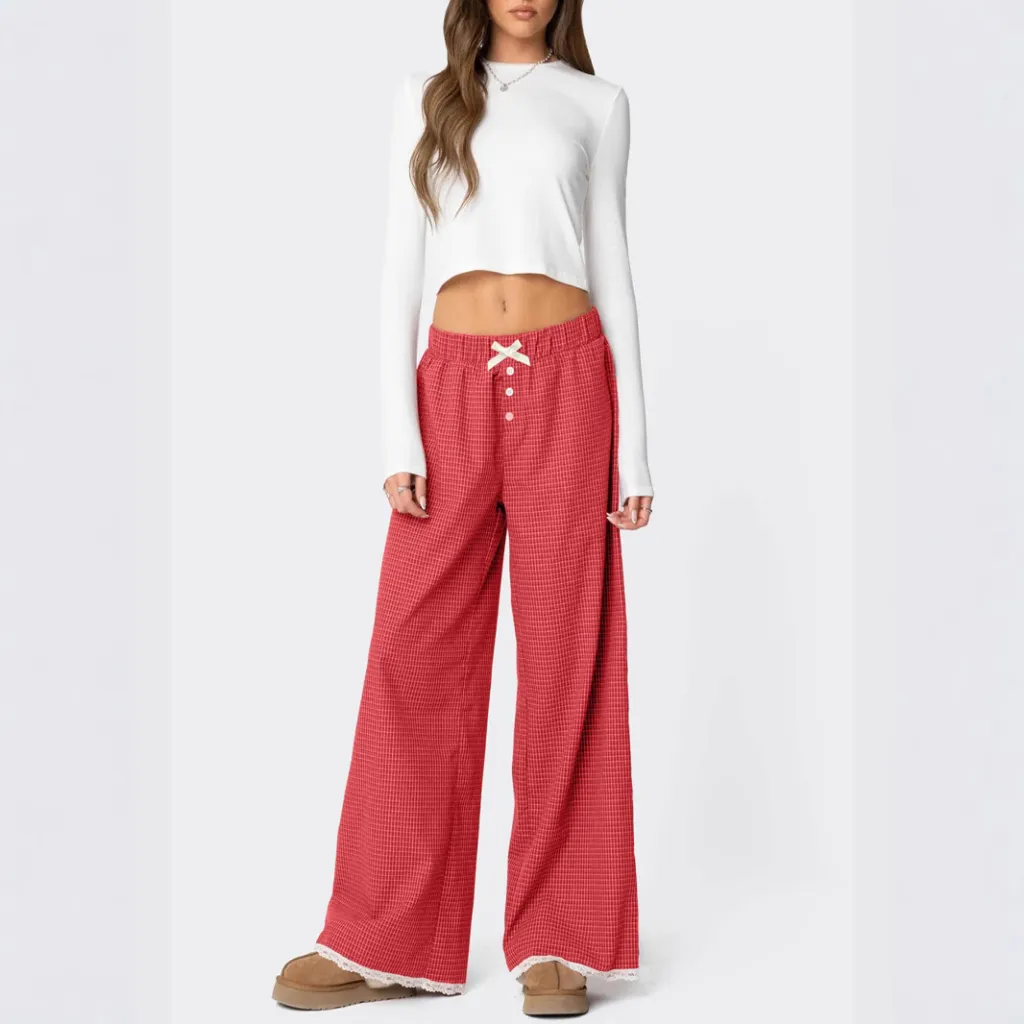 Women's Pastoral Style Plaid Printed Straight Elastic Casual Pants - Red