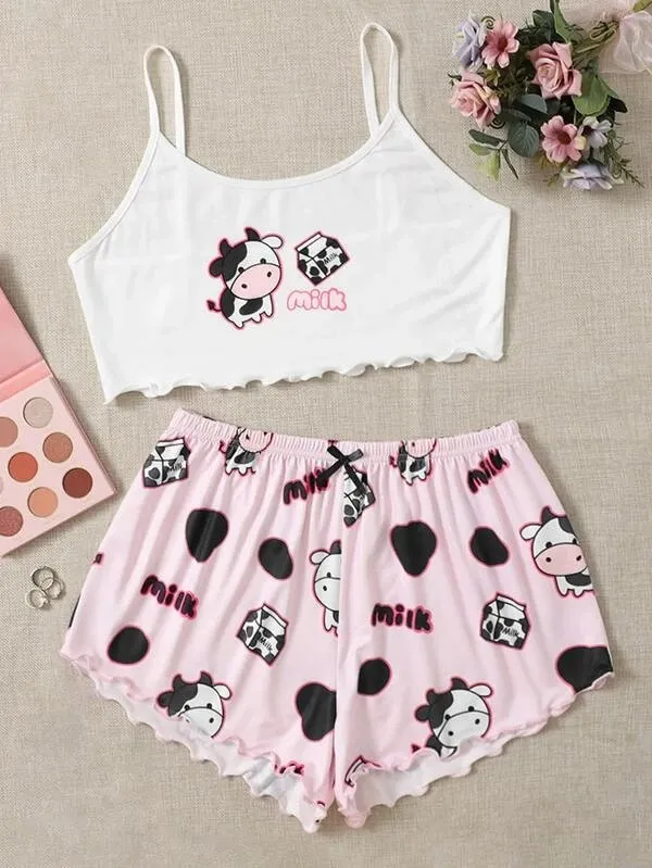 Knitted Vest Camisole Pattern Printing Comfortable Thin Women's Pajamas Suit Milk - Shop at LoveMi