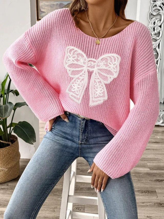 Bow Embroidery Patch Women's Pullover Pink Bow - Shop at LoveMi