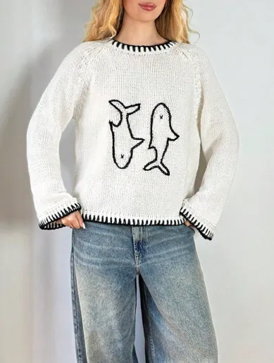 Color block Crew neck Retro Embroidered Loose fitting Pullover Sweater Black - Shop at LoveMi