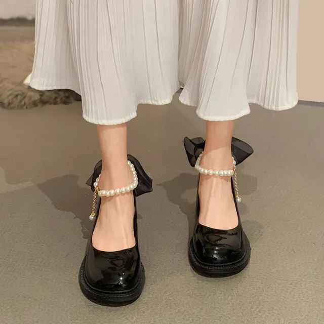 British Leather Shoes Pearl Anklet With Skirt High Heel Women Black - Shop at LoveMi