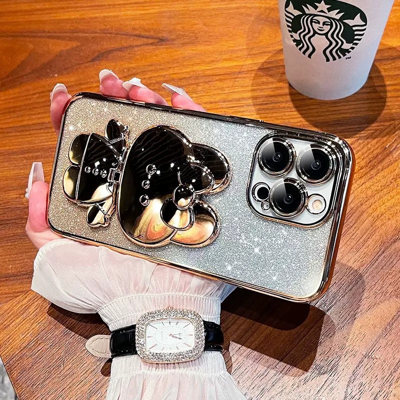 Electroplated Rabbit Stand Phone Case With Makeup Mirror Gradient Protective Cover 3