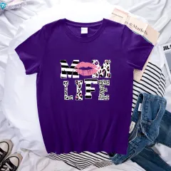 Mother's Day MOM LIFE Leopard Print Lip Printings Round Neck Short Sleeve T-shirt - Purple - View 1
