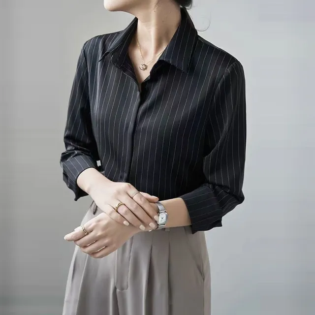 Women's Checkered Vintage Satin Shirt Striped Dark - Shop at LoveMi
