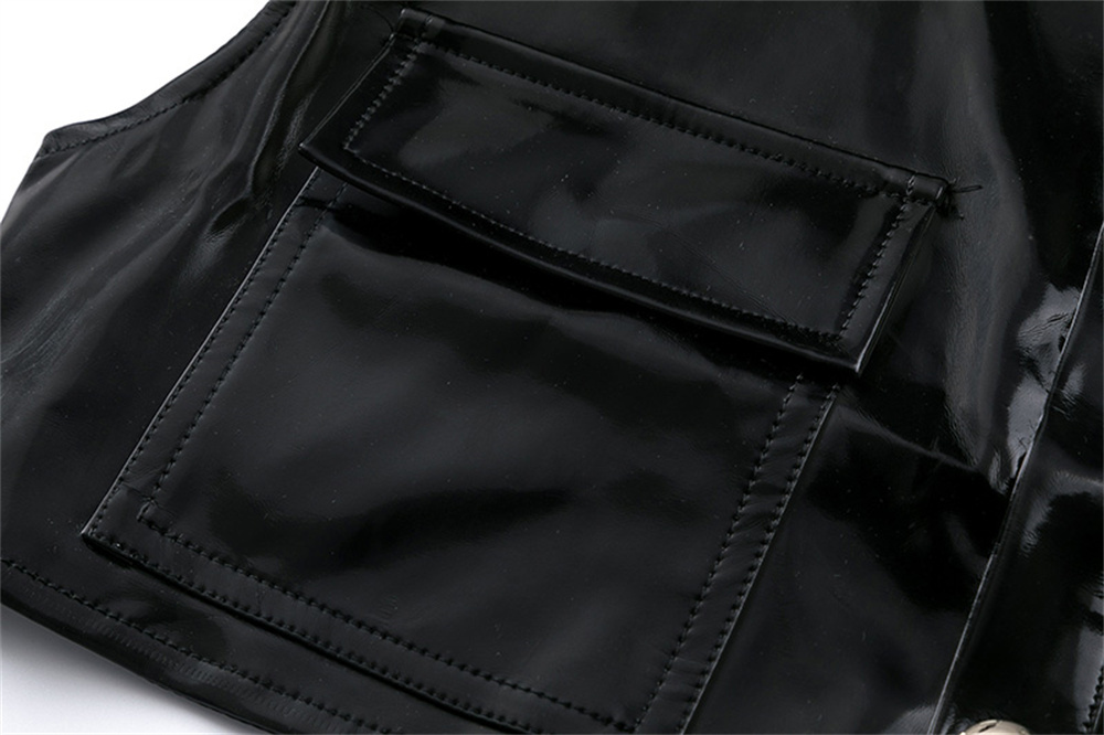 UP Leather Coat Padded Shoulder Glossy Half-length Vest Men's Lapel Metal Buckle Cardigan Vest Jacket Short