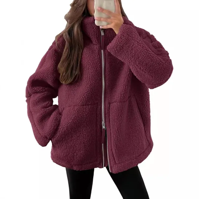 Winter Lapel Zip up Coat With Pockets Casual Fashion Solid Fleece Jacket Fall Spring Long Sleeve Women's Clothing Wine - Shop at LoveMi