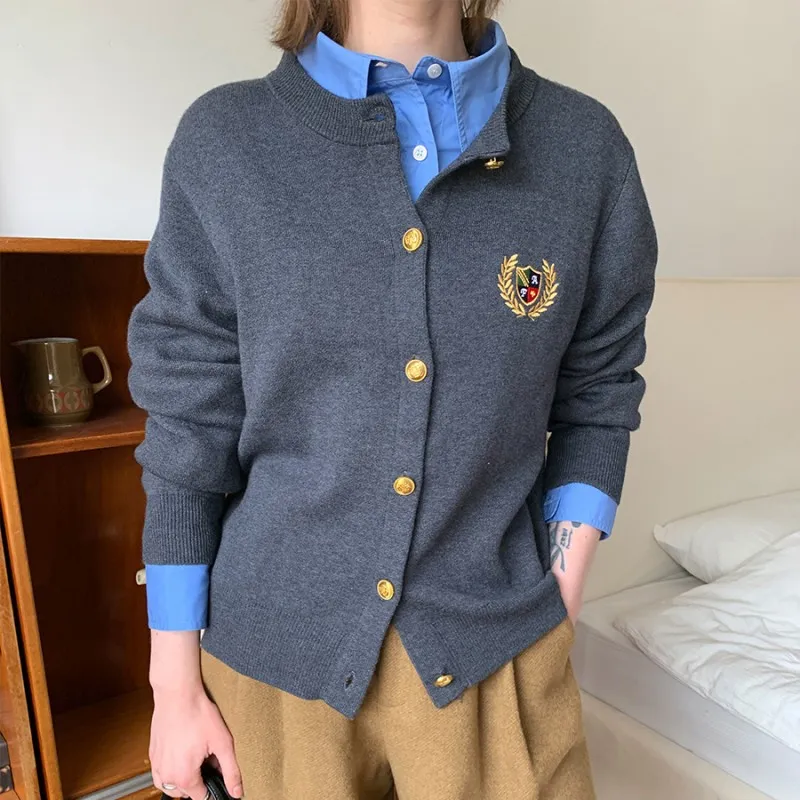 Knitted Round Neck Long Sleeve Coat For Women - Dark Gray