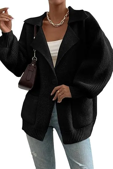 Women's Lapel Sweater Coat V neck Buttons Black - Shop at LoveMi