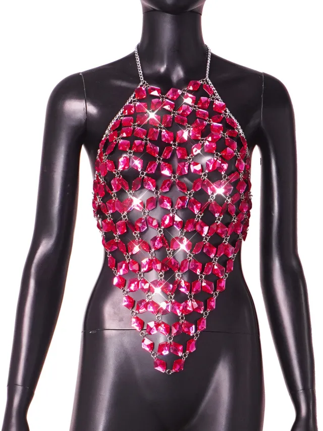 Women's Acrylic Gem Stitched Backless Vest Red - Shop at LoveMi