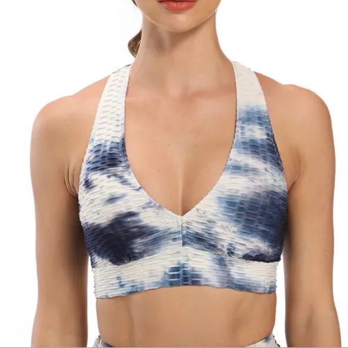 European And American Jacquard Tie dyed Bubble Yoga Jacket Fitness Sports Back Shaping Sexy Push Up Bra Women Blue And White - Shop at LoveMi