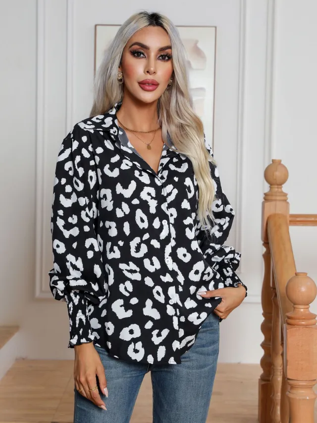 Leopard Print Lantern Sleeve Shirt Women Leopard - Shop at LoveMi
