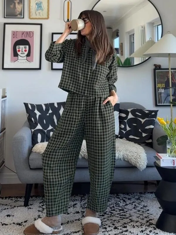Loose And Breathable Grid Long-sleeve Vest And Pants Set - Army Green