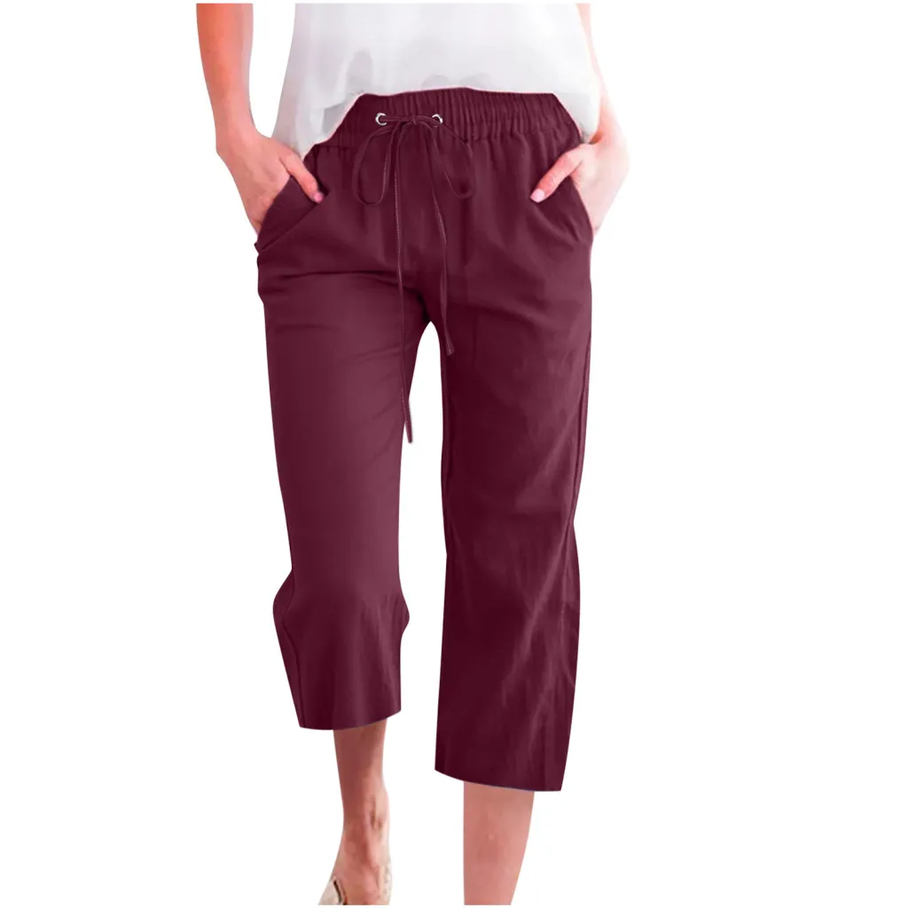 Women's Solid Color Drawstring Cotton And Linen Casual Loose Straight Pocket Home Cropped Pants - Wine Red