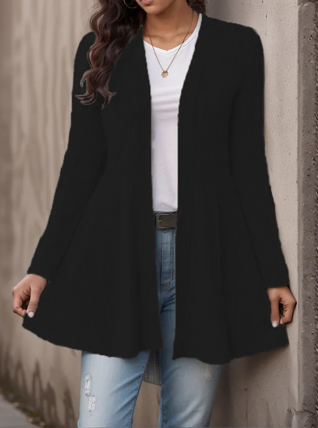 Women's Sunken Stripe Brushed Cardigan Casual Top Black - Shop at LoveMi