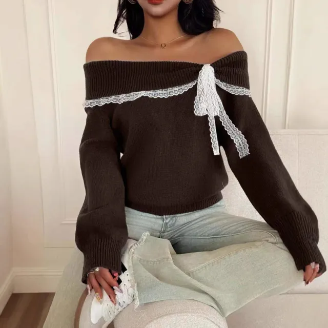 Women's Off shoulder Casual Cute Contrast Color Tassel Long Sleeve Sweater Brown - Shop at LoveMi