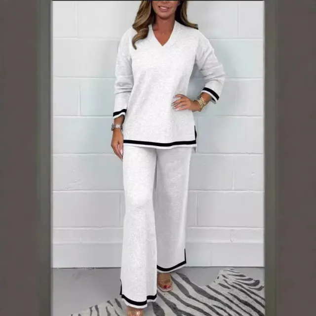 Autumn And Winter Temperament Leisure Solid Color Knitted Long Sleeve Trousers Suit White - Shop at LoveMi