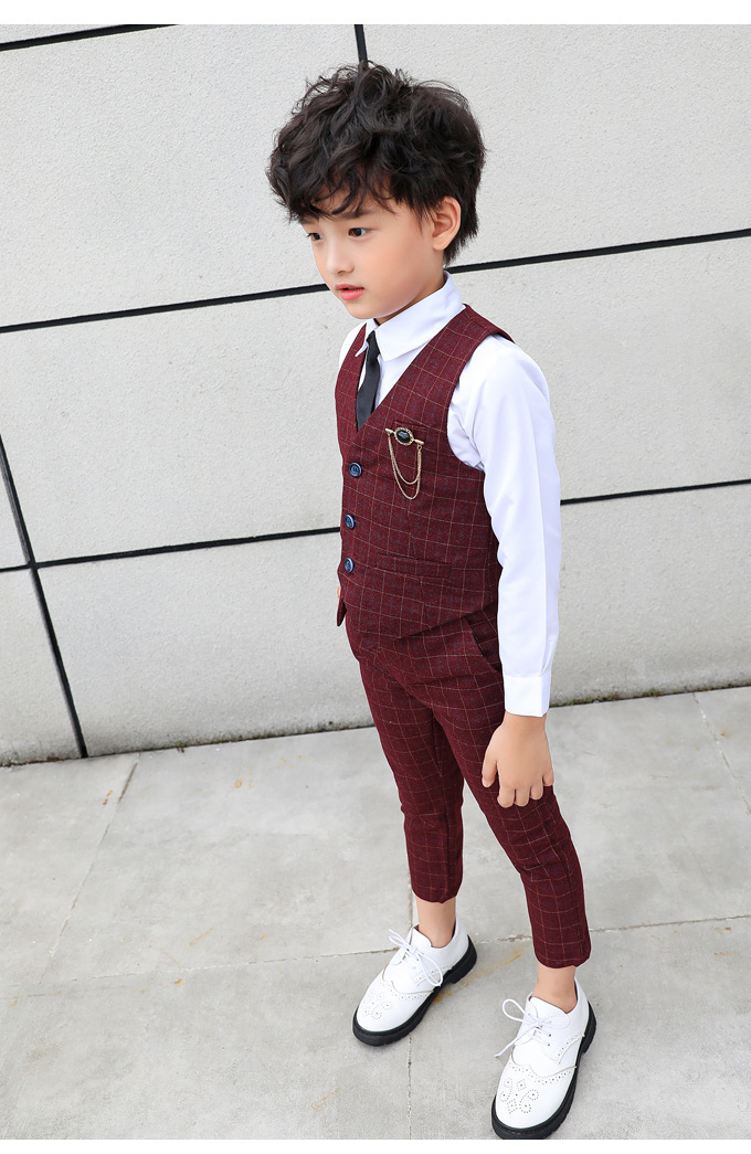 Wine Red Plaid Vest Suit Shirt