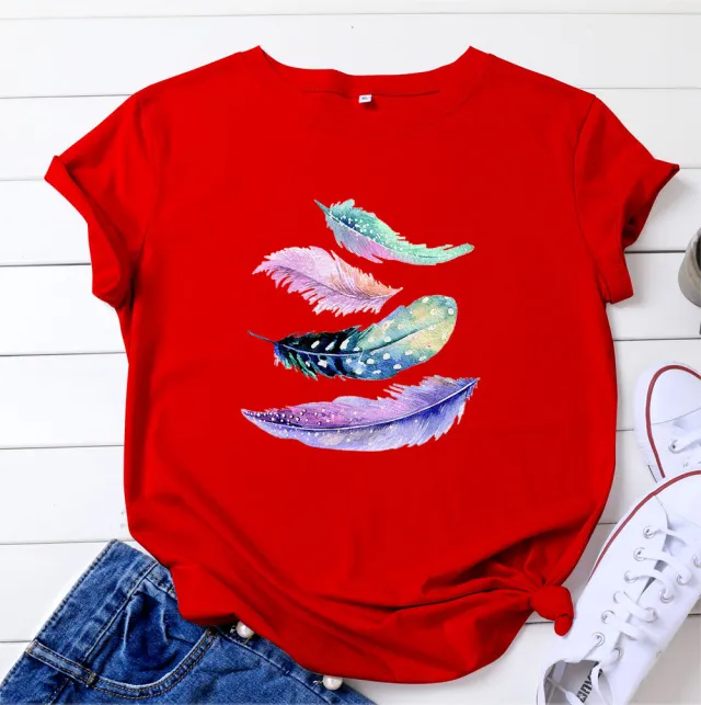 European And American Color Feather Printed Cotton Short sleeved T shirt Red - Shop at LoveMi