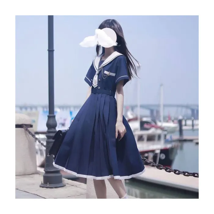 Summer New Japanese Jk Sailor Suit Temperament Waist-controlled Slimming Dress Women - Navy Blue