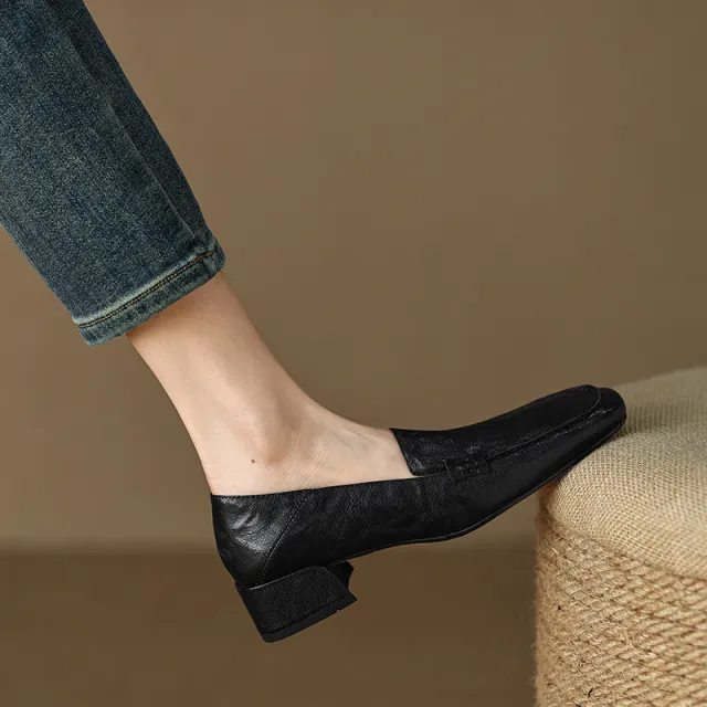 Loafers Women's Shoes Chunky Heel Low Top Square Toe Pumps Black - Shop at LoveMi