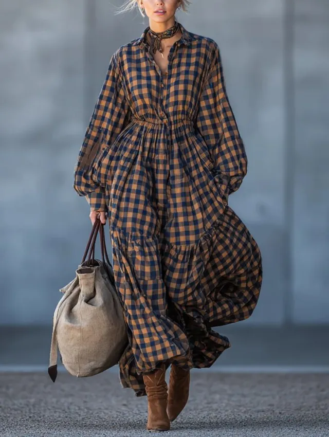 Loose fitting Plus size Womens Patchwork Cotton linen Plaid Dress Picture Color 2Xl - Shop at LoveMi