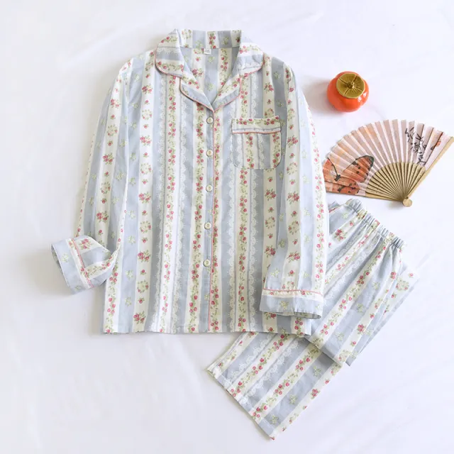 Japanese Sweet Ladies' Homewear Cotton Double layer Gauze New Long sleeved Trousers Two piece Set Red Small Sized Fruit - Shop at LoveMi
