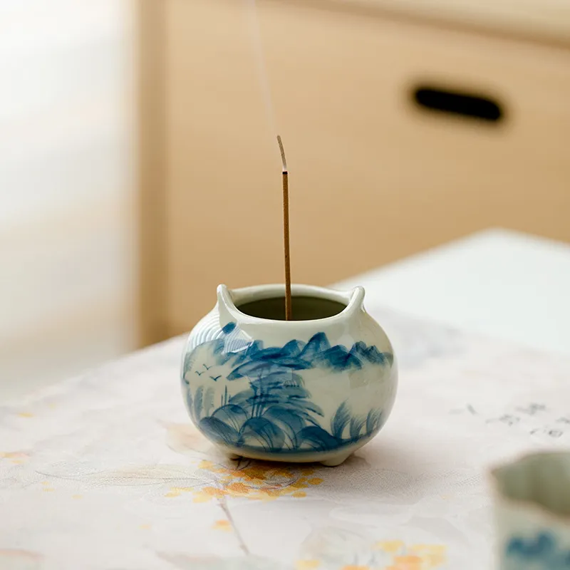 Chang Poju Ice Table Glaze Pure Hand Drawing Landscape Binaural Small Incense Burner Ceramic Incense Base Furnace