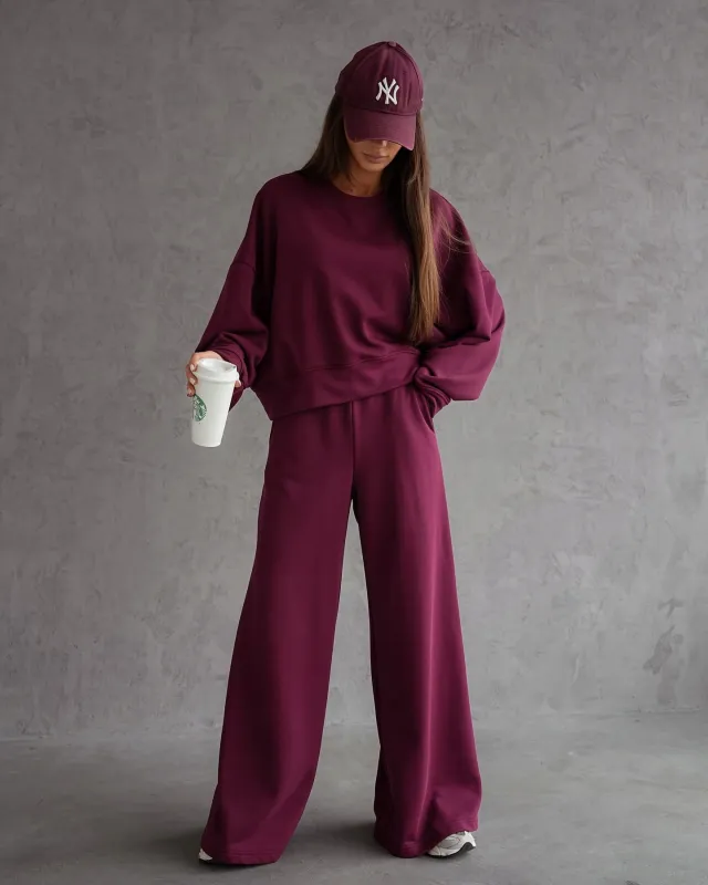 Autumn And Winter Round Neck Long Sleeve Wide Leg Pants Two piece Set Rose Red - Shop at LoveMi