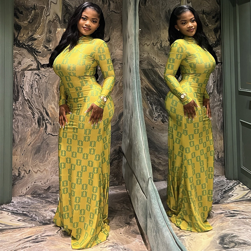 Temperament Print Pleated High neck Long Sleeve Dress Yellow - Shop at LoveMi