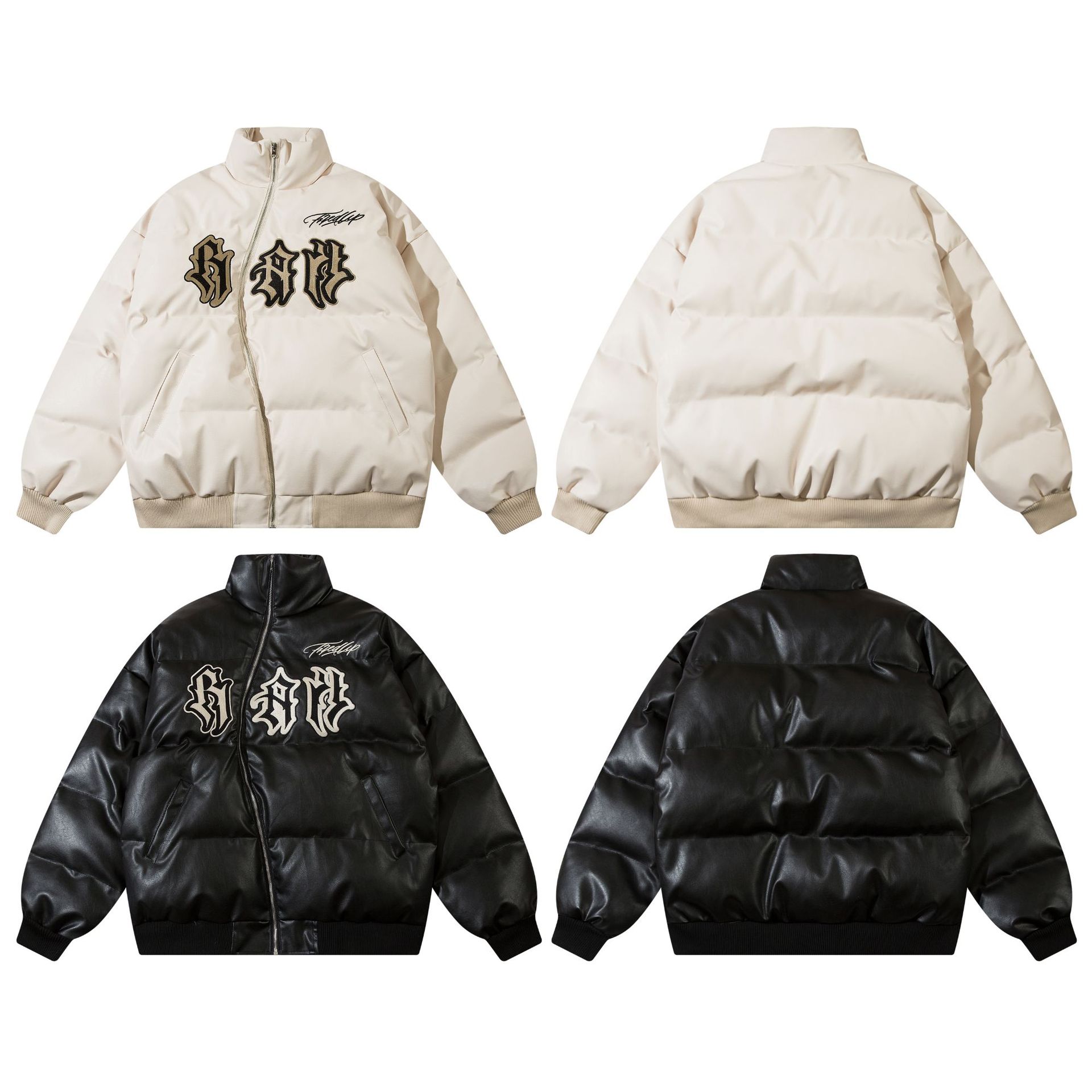 American Street Letter Embroidery Oblique Zipper Design Cotton Jacket