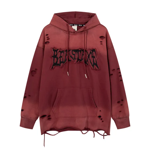 Water Washed Hole Hooded Sweater Affixed Cloth Hoodie Axe5627 Red - Shop at LoveMi