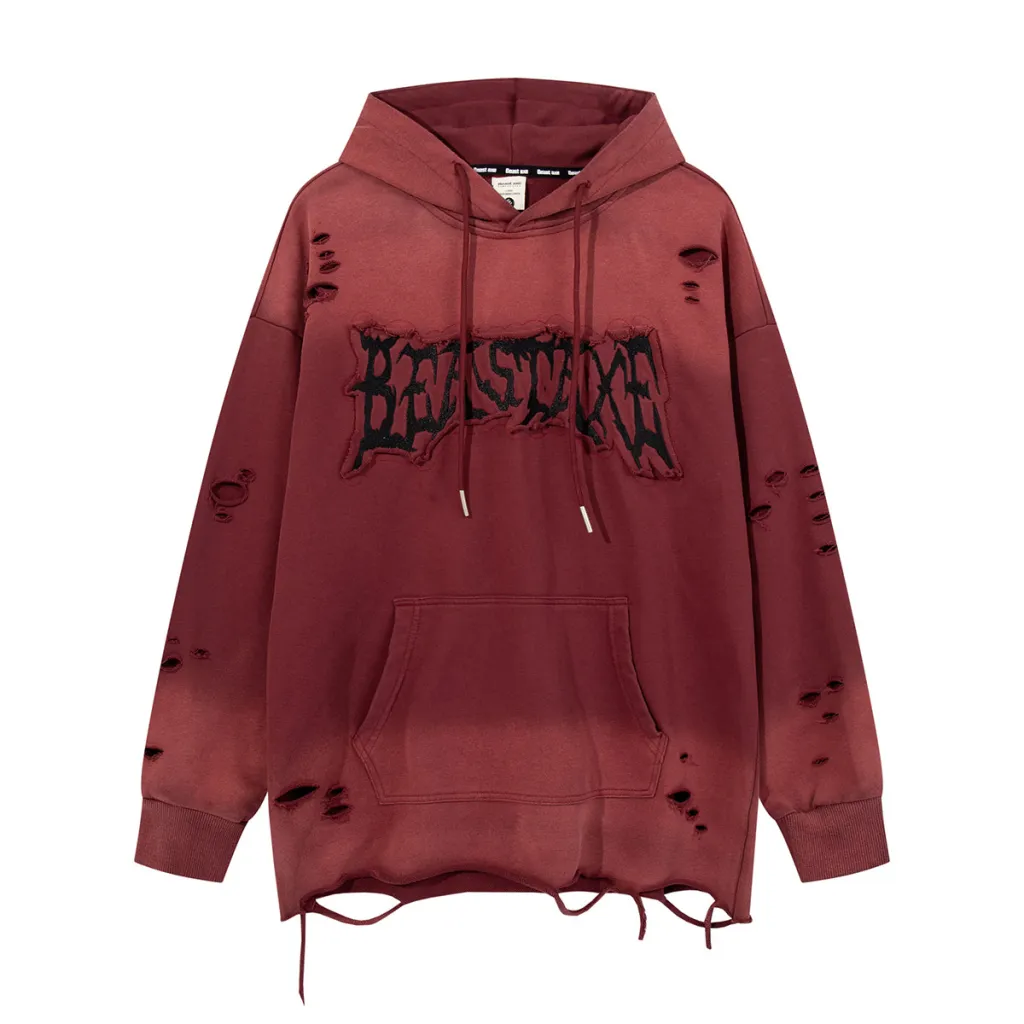 Water Washed Hole Hooded Sweater Affixed Cloth Hoodie - Axe5627 Red