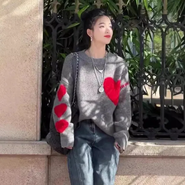 European Station Gray With Heart Knitted Sweater Women's Thick Gray - Shop at LoveMi