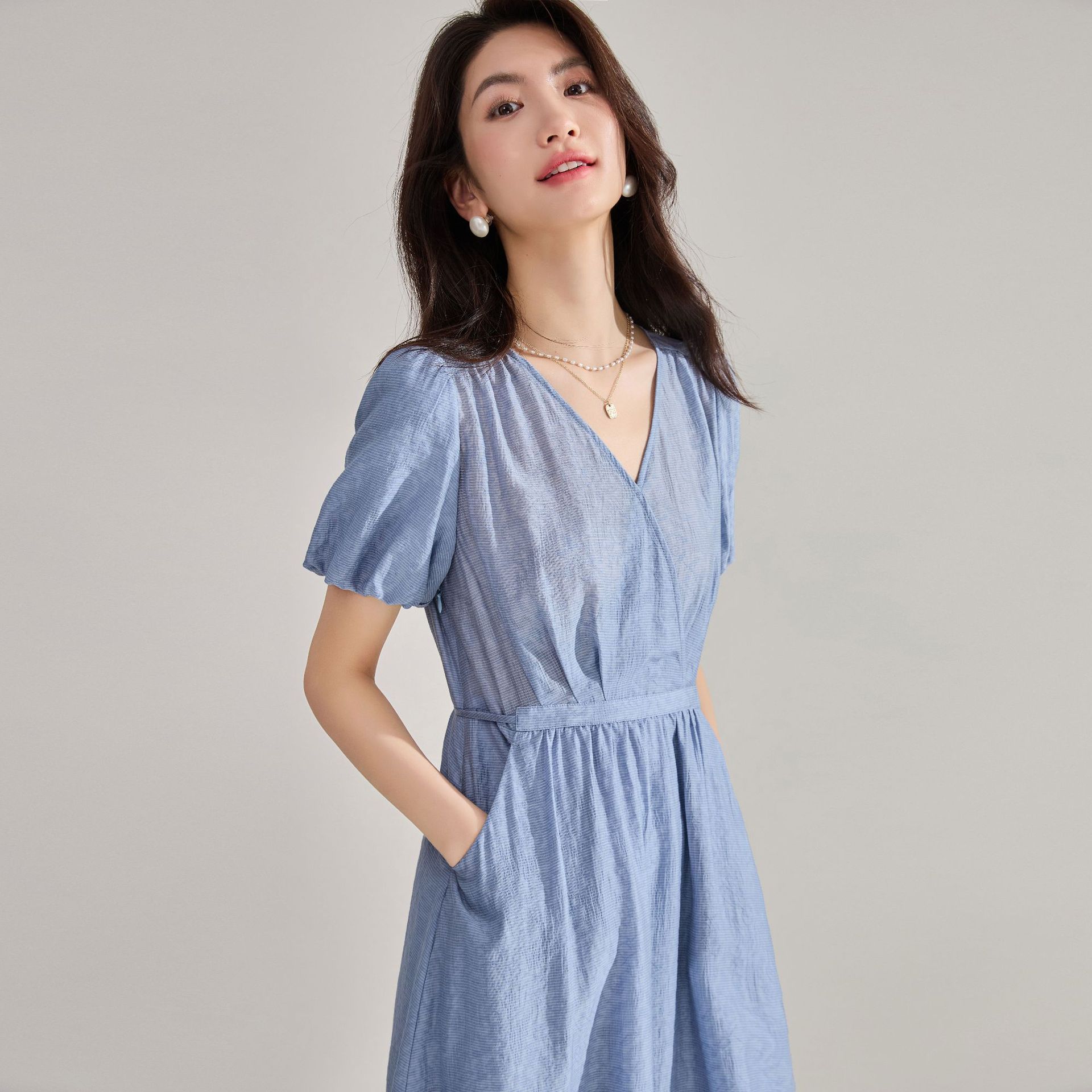 Blue Tencel Jacquard Gentle Temperament Dress