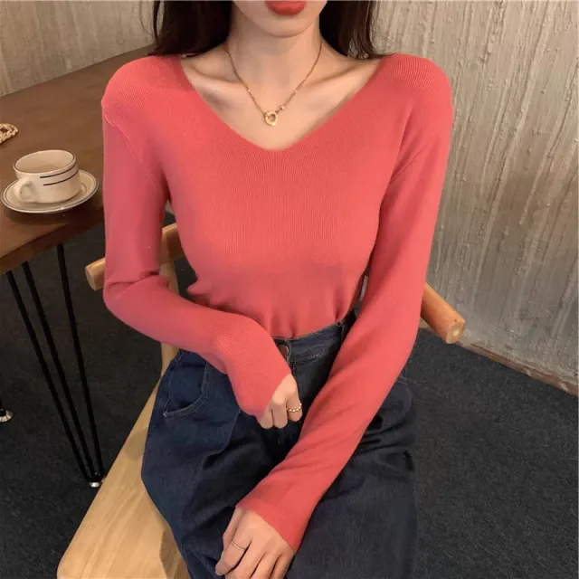 Core spun Yarn Slim V neck Long Sleeve Inner Wear Sweater Rose Red - Shop at LoveMi