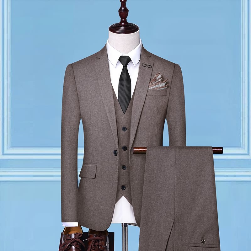 Mens Groom Wedding Suit Solid-Color Three-Piece Suit