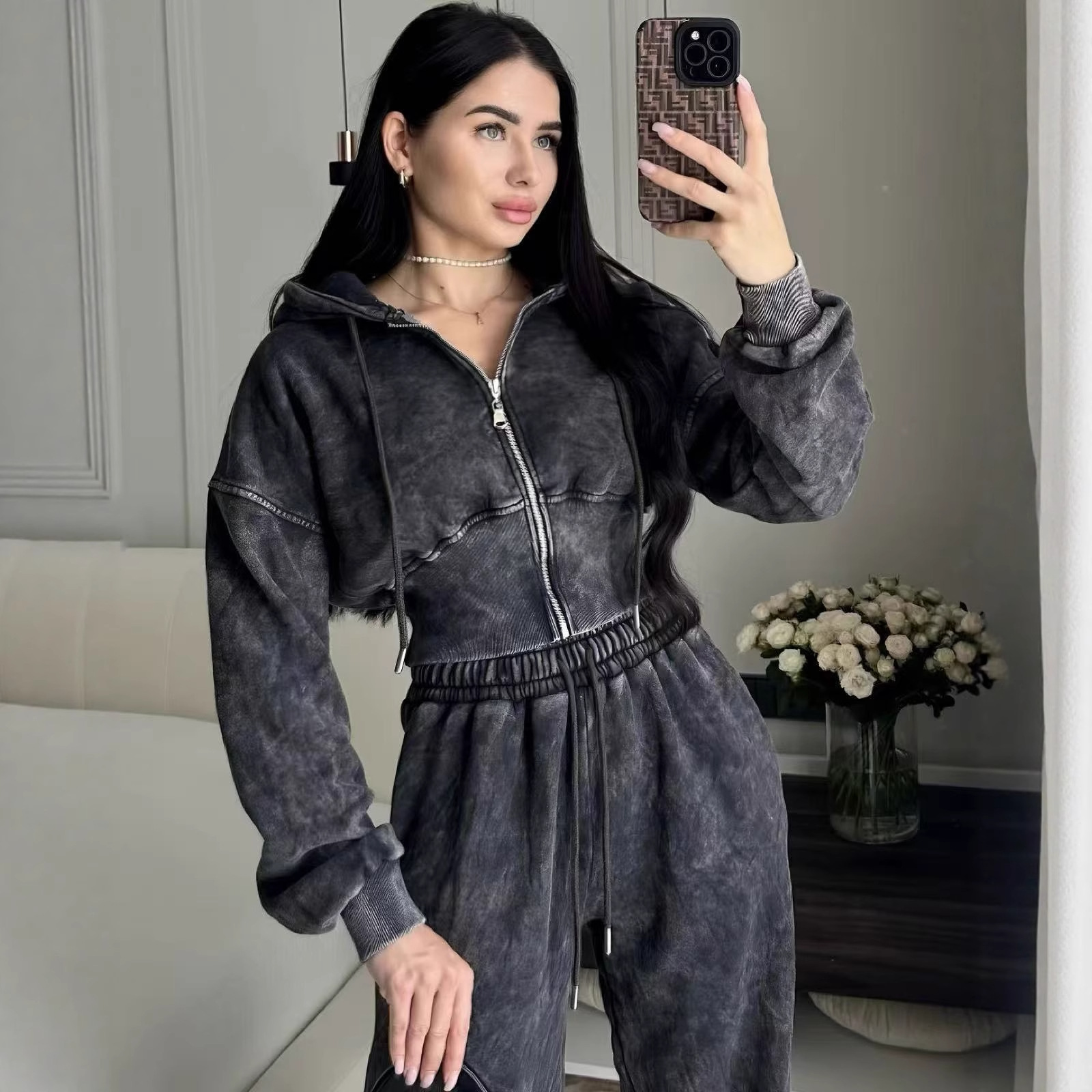 Womens Long-sleeve Zip-up Hoodie And Straight-leg High-waist Casual Sweatpants Set 5