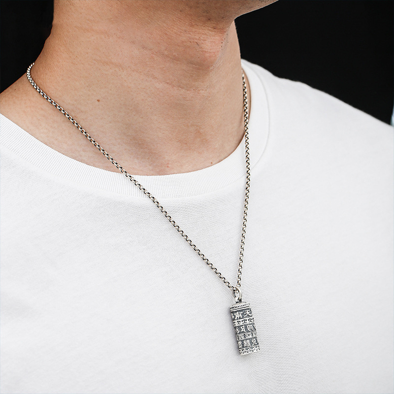 990 Silver Six-Character Mantra Pendant Prayer Wheel Charm Necklace Pendant