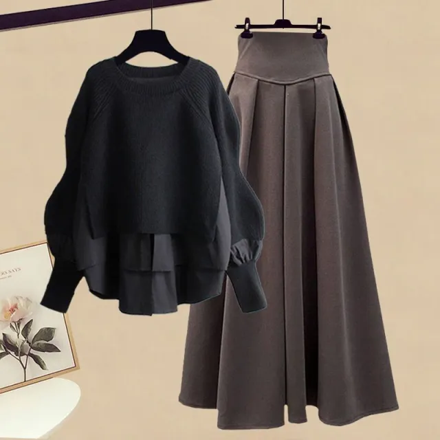 Women's Casual Fashion Fake Two piece Top Slim Fit Skirt Two piece Set Black Top Brown Skirt - Shop at LoveMi