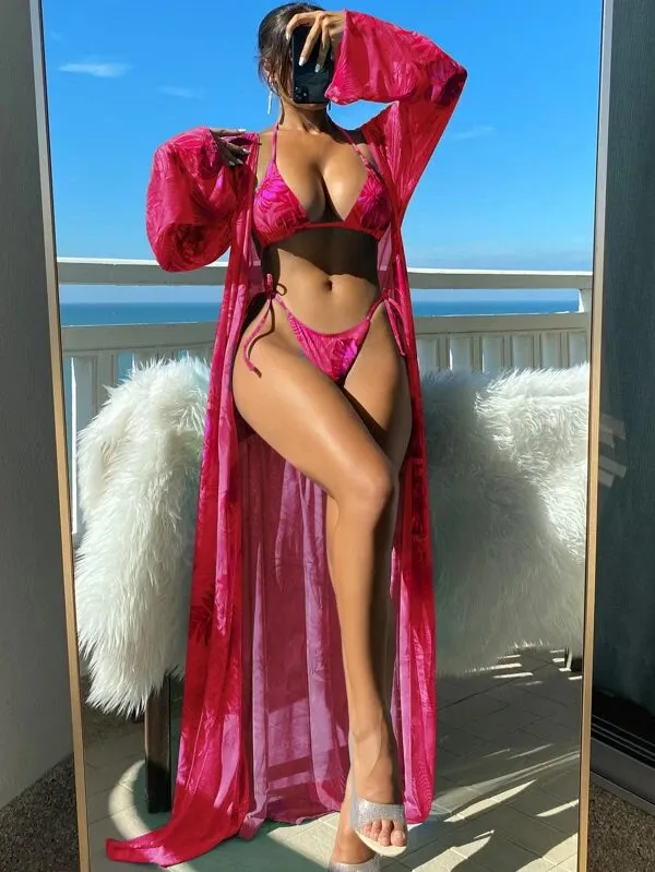 Split Long Sleeve Ins Blouse Banded Bikini - Rose