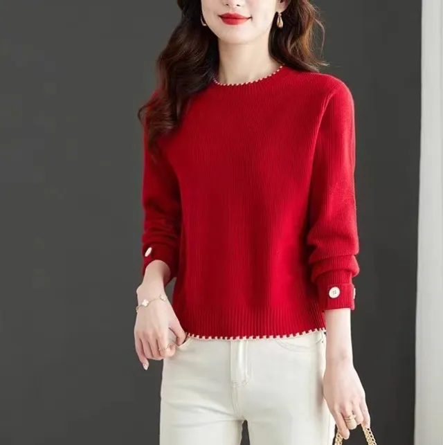 Women's Knitwear Simple Crew Neck Pullover Sweater Red - Shop at LoveMi