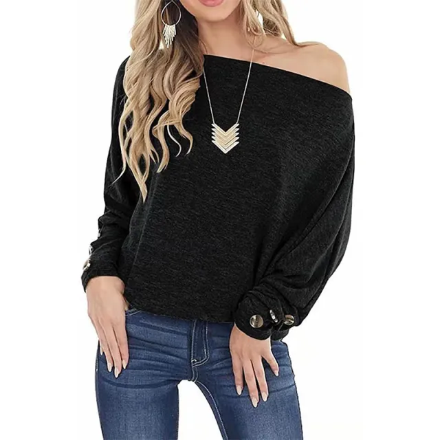 Women's Off shoulder Button Solid Color Long Sleeve Casual T shirt Black - Shop at LoveMi