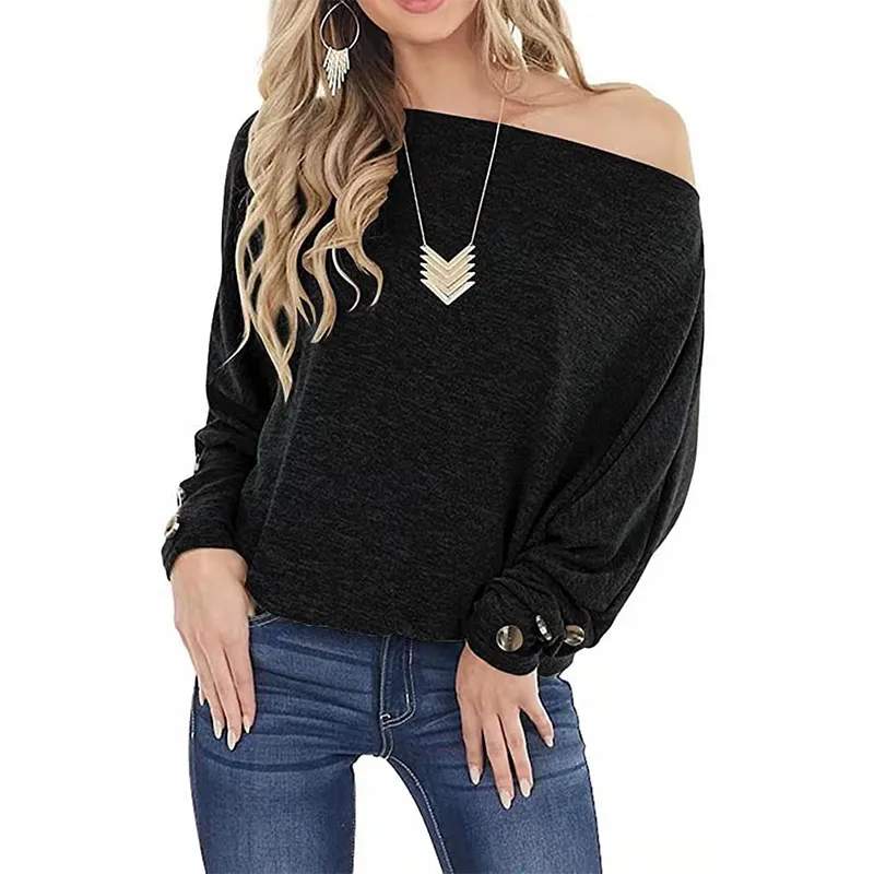 Women's Off-shoulder Button Solid Color Long Sleeve Casual T-shirt - Black